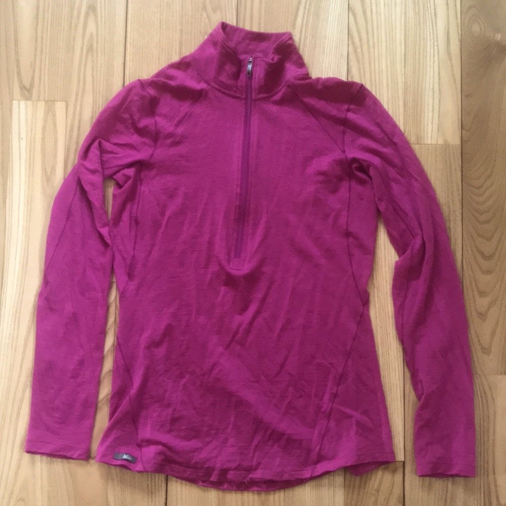 REI Merino Wool womens pink shirt with zipper neck.